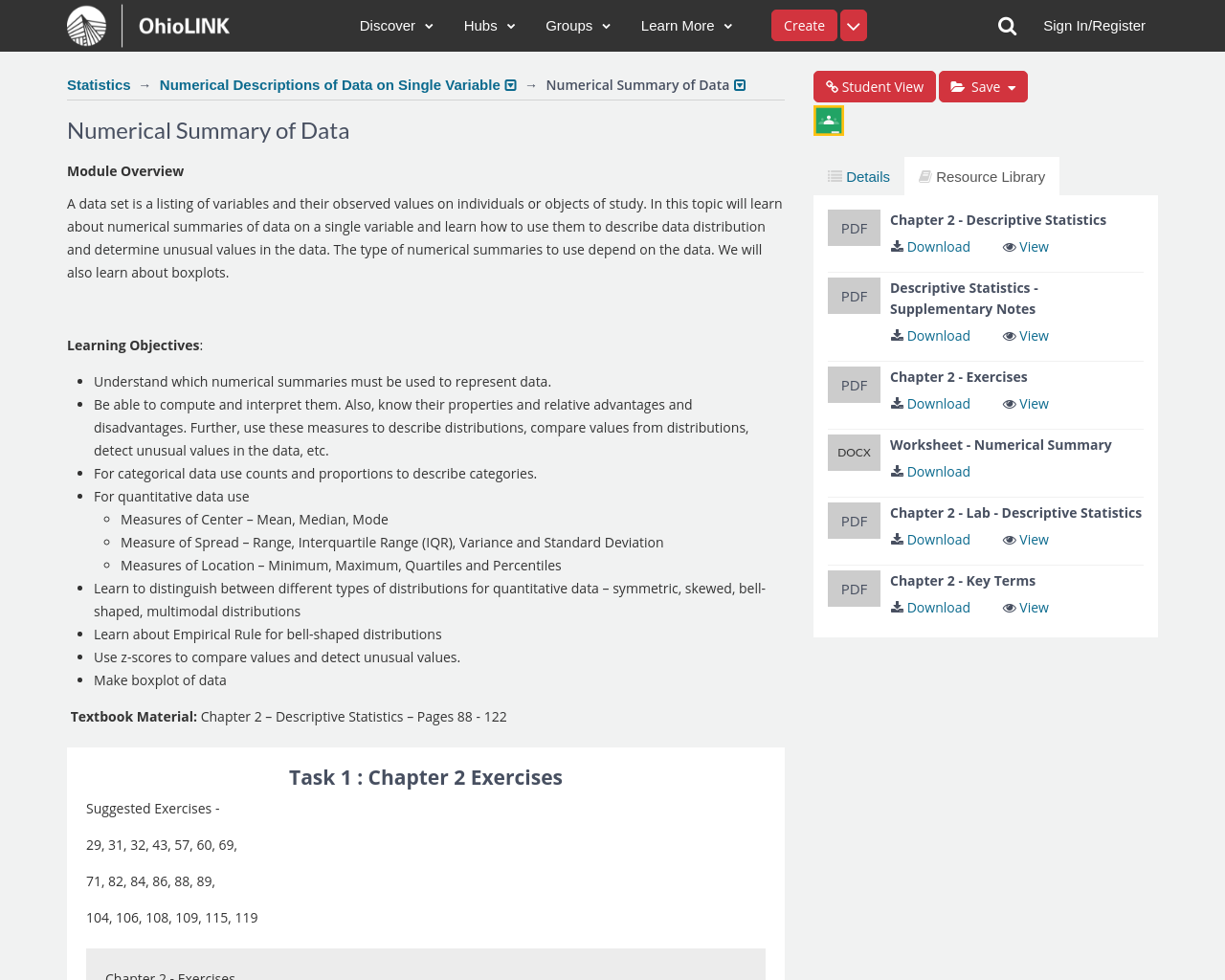Statistics Course Content, Numerical Descriptions of Data on Single ...